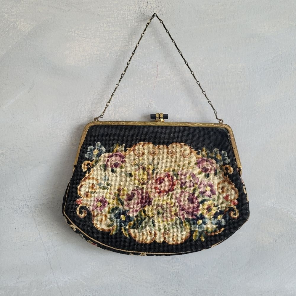 Antique Tapestry Needlepoint Purse Gold Tone Ornate Frame Floral Roses Design